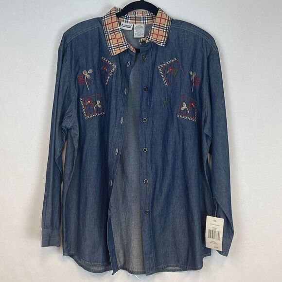 Vintage Embroidered Shirt Denim Blue Plaid Collar Button Front Long Sleeve XL - Picture 10 of 16